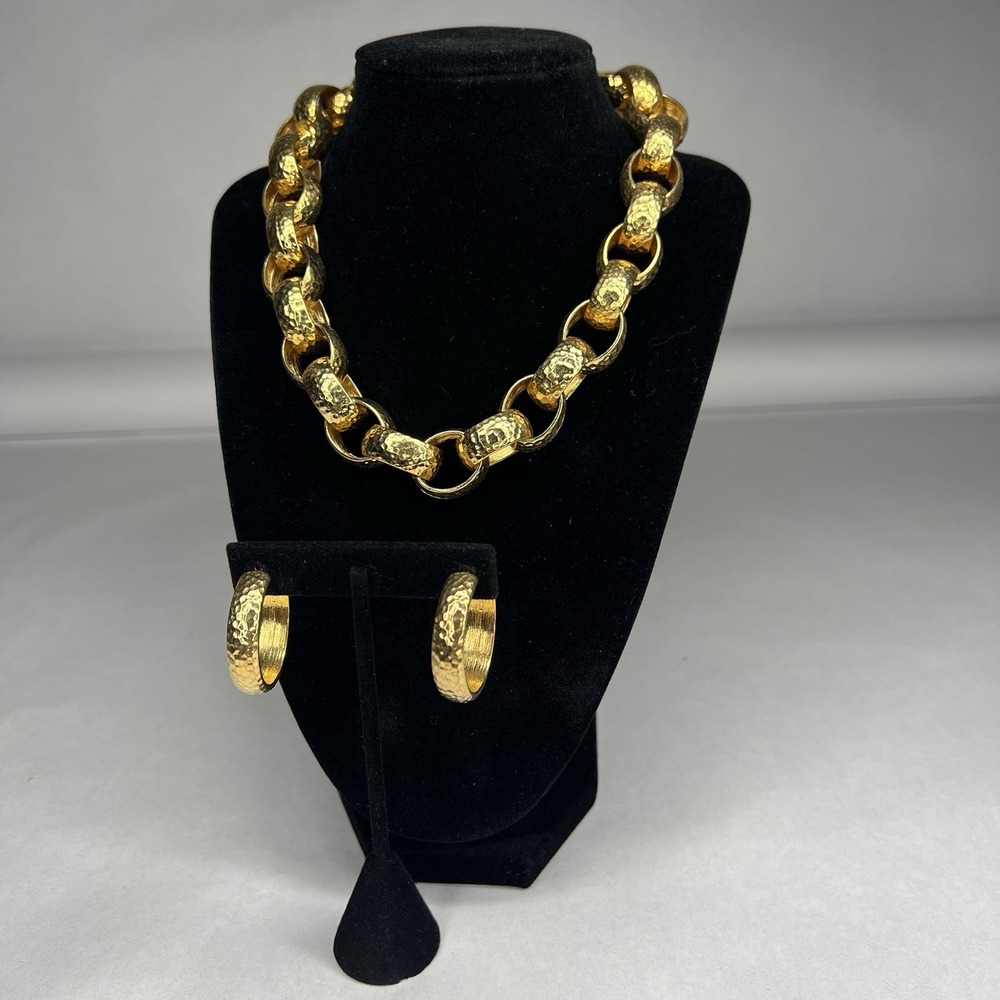 Belcher Necklace 15"Choker 3/4" Links Matching 1.25" Earrings Yellow Gold Chunky